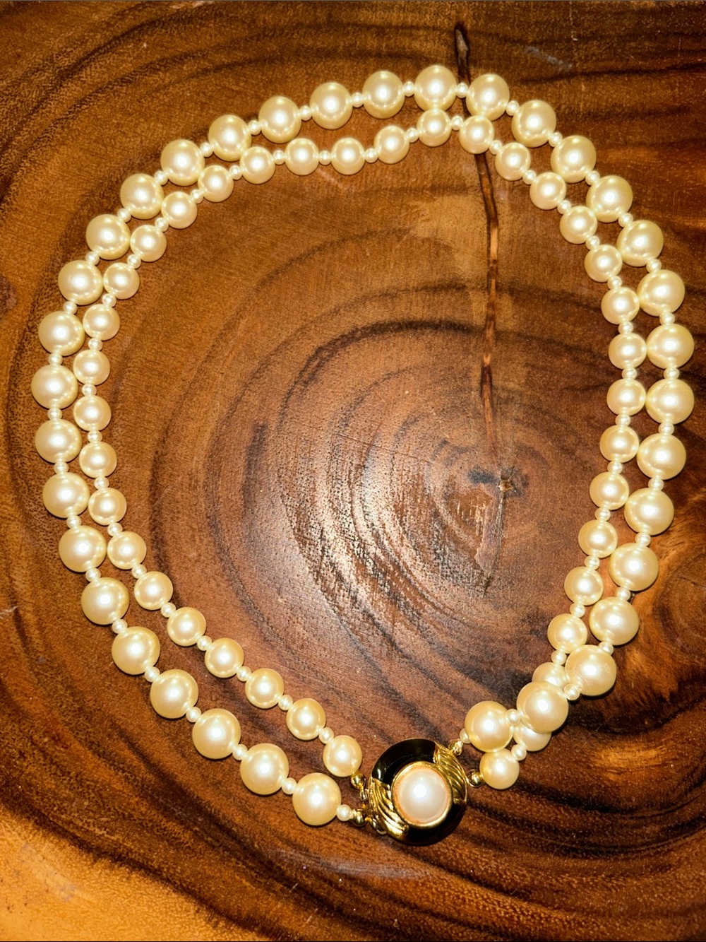 Double Strand Pearl Necklace with Black and Cream Accent